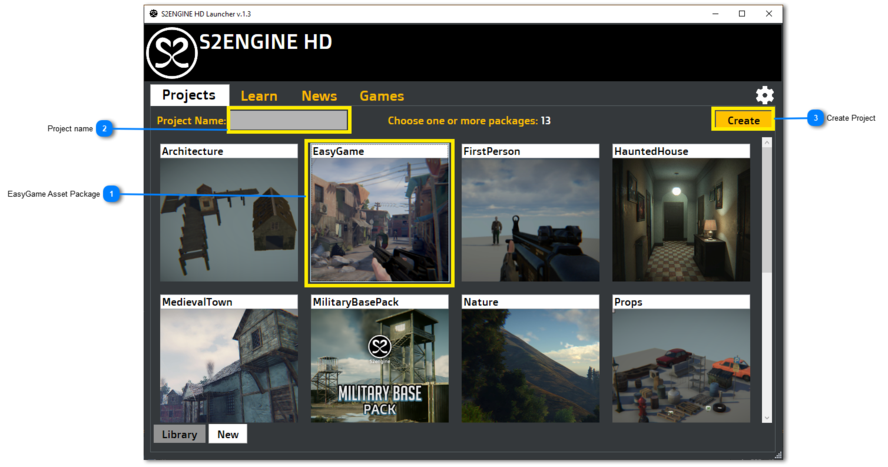 6.2.1. Create a project including EasyGamePack